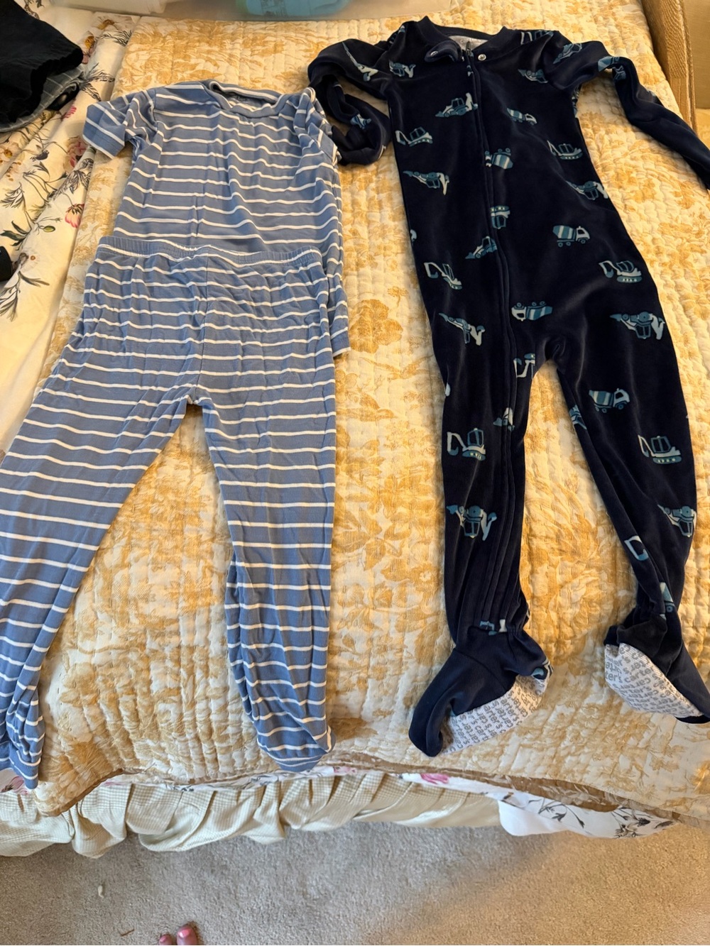 Carter's Light Blue Striped and Navy Construction Footed Pajama Set